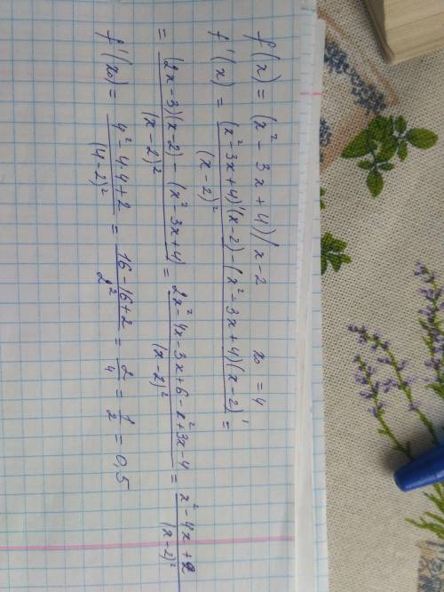 Найти производную функции f(x) = (x^2 - 3x +4) / x -2 и вычислите её значение в точке x0 = 4