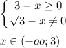 \displaystyle \left \{ {{3-x\geq 0} \atop {\sqrt{3-x}\neq0 }} \right. \\\\x\in (-oo;3)