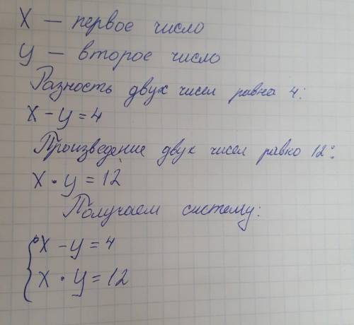 Разность двух положительных чисел равна 4,а их произведение равно 12. найдите их сумму. объясните , 