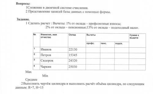 Во Сложение в двоичной системе счисления.2)Представление записей базы данных с формы.Задание:1.Сдела