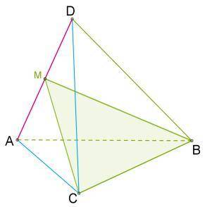 В тетраэдре DABC точка M делит пополам ребро AD. Известно, что в этом тетраэдре BA=BD;CA=CD. На рису