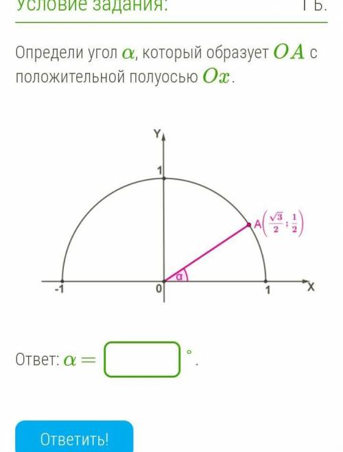 Определи угол α, который образует OA с положительной полуосью