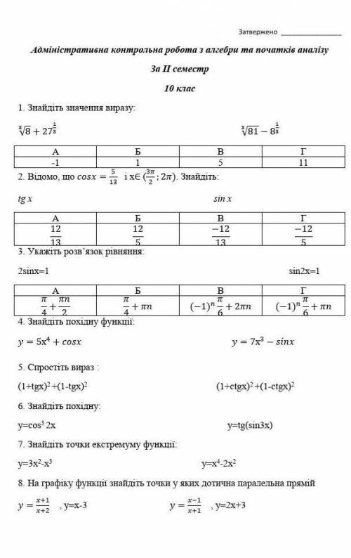 Підсумкова контрольна робота за ІІ семестр з алгебри та початків аналізу, 10 клас​