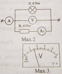 Покази вольтметра V у колі, схема якого зображена на малюнку 2, відображені на шкалі (мал.3). Визнач