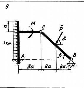 Дано: схема конструкции (рис. 13а); P = 20 кН; M = 12 кНм; q = 2,2 кН/м ; a = 1 м; α = 75 ; β = 30 .