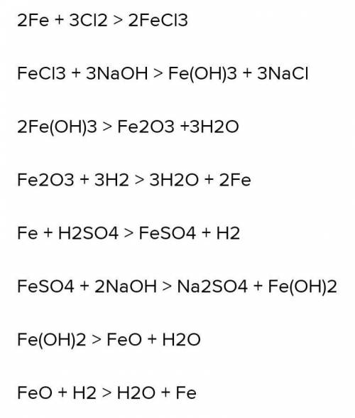  Осуществите цепочку химических превращений: Fe-FeCl3 – Fe(OH)3 – Fe2O3 – FeO – FeSO4 – Fe(OH)2 – Fe