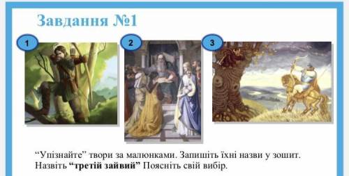 Упізнайте твори за малюнками. Запишіть їхні назви у зошит. Назвіть