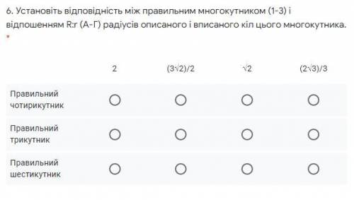 Установіть відповідність між правильним многокутником (1-3) і відпошенням R:r (А-Г) радіусів описан