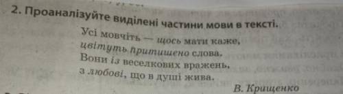 Проаналізуйте виділені частини мови в тексті.