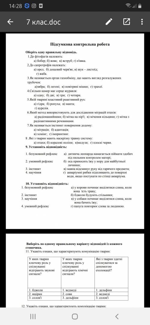 Контрольна робота з біології 7 клас підсумкова