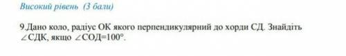 Дано коло, радіус ОК якого перпендикулярний до хорди СД. Знайдіть кут СДК, якщо кут СОД=100 градусі