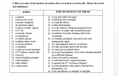 Сопоставить слова из двух колонок (гаджеты и их назначение). Писать цифру и букву. Англ.