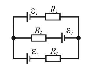 В схеме, представленной на рисунке, ε1 = 1В, ε2 = 2В, ε3 = 3В, R1 = 10 Ом, R2 = 22 Ом, R3 = 40 Ом.