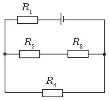 Знайдіть загальну силу струму в колі, (див. рисунок), якщо R1=R2=R3=3Ом, R4=6 Ом, ЕРС джерела струм