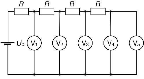 В цепи, изображённой на рисунке, все вольтметры одинаковые. Показания трет