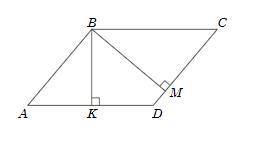 У паралелограмі АВСD з вершини тупого кута В проведено висоти ВK та ВМ (див. рисунок). ВK = 16 см,