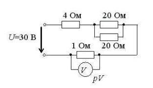 При заданных значениях сопротивлений и приложенного напряжения показание вольтметра рV составит...