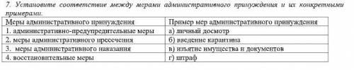 7. Установите соответствие между мерами административного принуждения и их конкретными примерами.