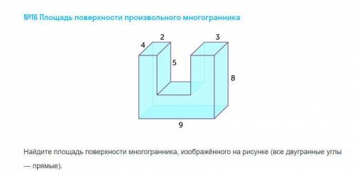 Найдите площадь поверхности многогранника, изображённого на рисунке (все двугранные углы — прямые).