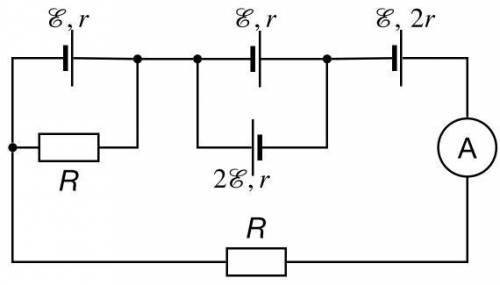 Найдите показания амперметра в цепи, схема которой приведена на рисунке. E = 2 В, r = 1 Ом, R = 2 О