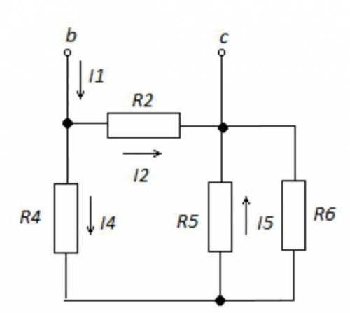 Дано: U= 12 В, R2=12 Ом, R4=7 Ом, R5=1,5 Ом, R6=2 Ом. Для электрической цепи определить чему равно