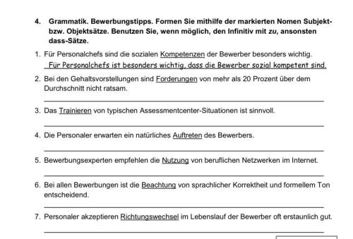 Grammatik. Bewerbungstipps. Formen Sie mithilfe der markierten Nomen Subjekt- bzw. Objektsätze. Ben