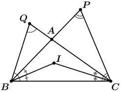 нужен ответ Выберите все верные равенства. 1 BP=CQ 2 BI=IC 3 BI=IP 4 BI=IA 5 BI=IQ 6 ∠BIC