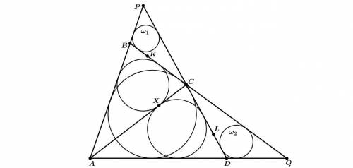 Дан описанный четырёхугольник ABCD. P и Q — точки пересечения прямых AB и CD, AD и BC. Вписанные ок