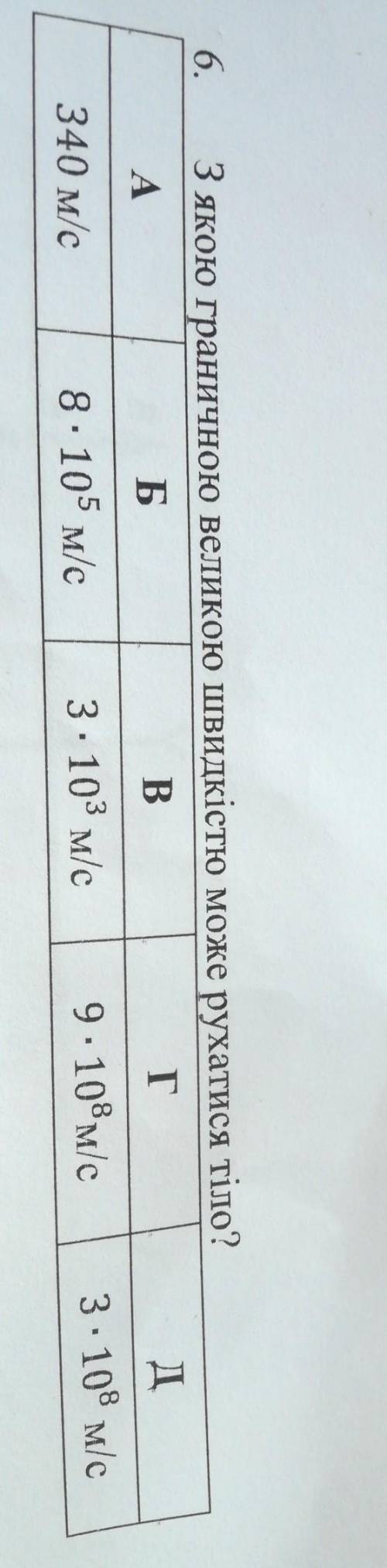 6. З якою граничною великою швидкістю може рухатися тіло?AБBГ340 м/с 8- 105 м/с 3 : 103 м/с 9. 108м/