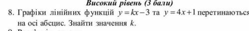 8. Графики линейных функций у = kx - 3 и y = 4х + 1 пересекаются на оси абсцисс. Найти значение