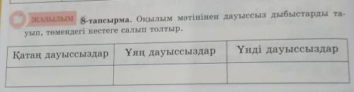 ЖАЗЫлым 8-тапсырма. Оқылым мәтінінен дауыссыз дыбыстарды та- уып, төмендегі кестеге салып толтыр.Қат