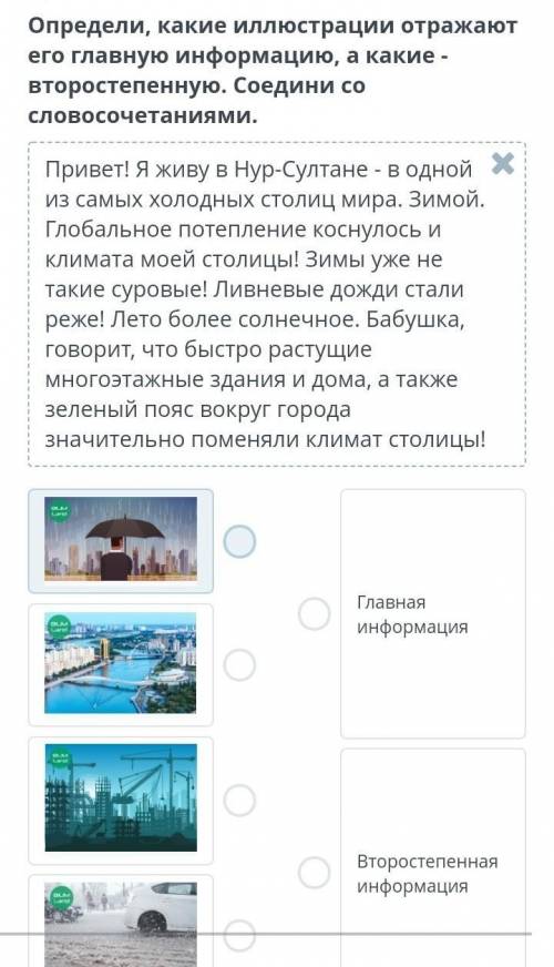 Определи, какие иллюстрации отражают его главную информацию, а какие - второстепенную. Соедини со сл