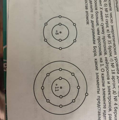Определите по диаграммам Бора, какие элементы представлены. Укажите для них состав атомов.