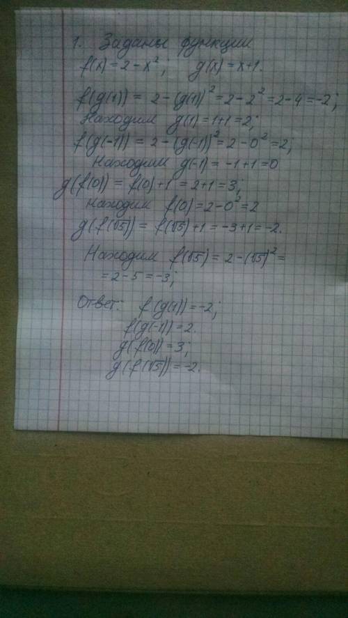 1. Заданы функции f (x) = 2 – x^2, g(x) = x+1 Найдитеf(g(1)f(g(-1)g(f (0)g(f (корень из 5)2. Заданы