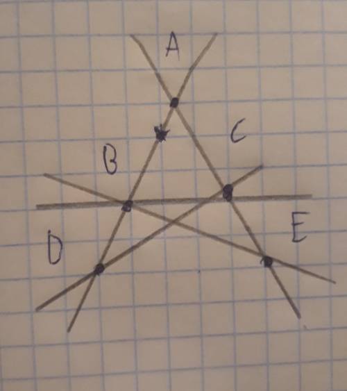 Перенсите чертеж,назвать все прямые,Выписать принадлежность всех точек прямым, пересечение прямых​
