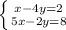 \left \{ {{x-4y=2} \atop {5x-2y=8}} \right.