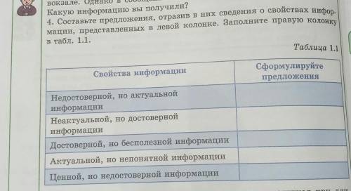 Составьте предложения, отразив в них сведения о свойствах информации, представленных в левой колонке