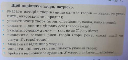 сделать таблицу нужно порівняти твори за вопросами что в жёлтой рамке на стр.9 ,очень