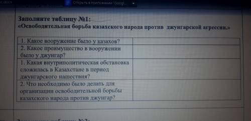 Заполните таблицу. Освободительная борьба казахского народа против джунгарской агрессии