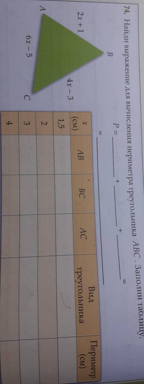 74. Найди выражение для вычисления периметра треугольника АВС. Заполни таблицу.​