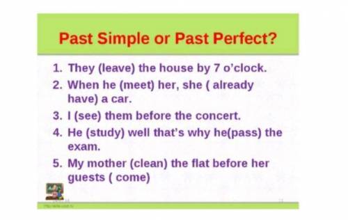 Past Simple or Past Perfect? They (leave) the house by 7 o’clock. When he (meet) her, she ( already