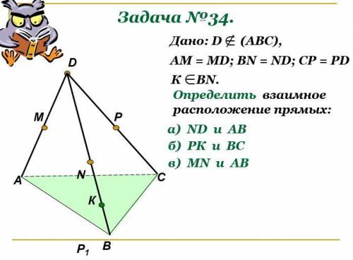 Дано: D (ABC), AM = MD; BN = ND; CP = PD KEBN. Определить взаимное расположение прямых: a) ND u AB б