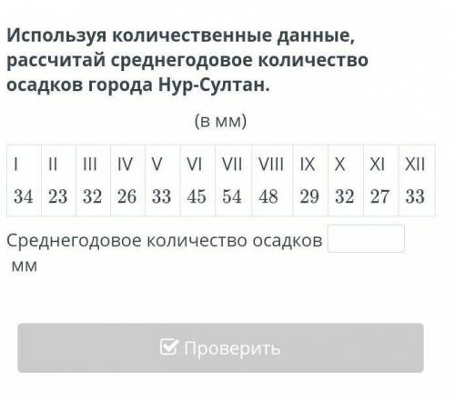 Используя количественные данные, рассчитай среднегодовое количество осадков города Нур-Султан.​