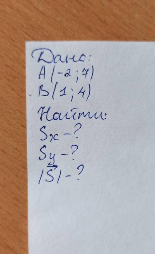 Физика. Даны координаты A(-2;7) и B(1;4). Найти Sx, Sy и /s/ (вектор перемещения решитьХочу проверит