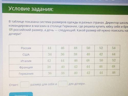 В таблице показана система qразмеров одежды в разных странах. Директор школы попала во время служебн