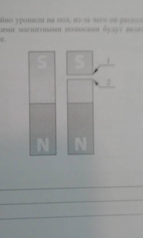 постоянный магнит случайно уран ли на пол, из-за чего он раскололся на две части так, как показано н