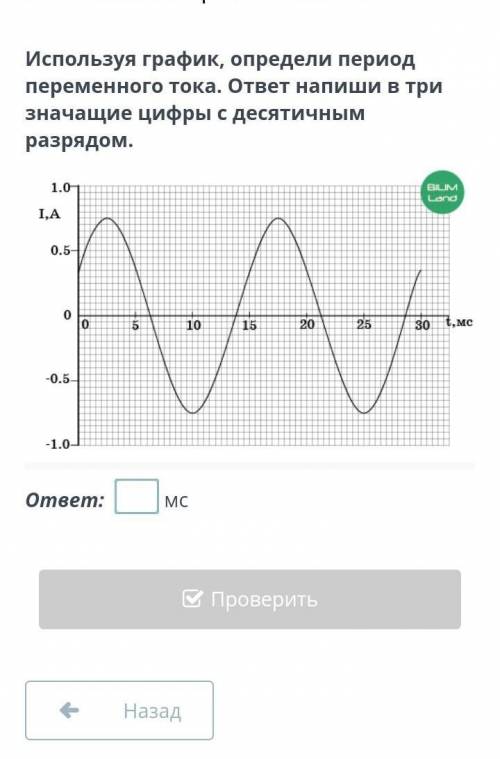 Используя график, определи период переменного тока. ответ напиши в три значащие цифры с десятичным р