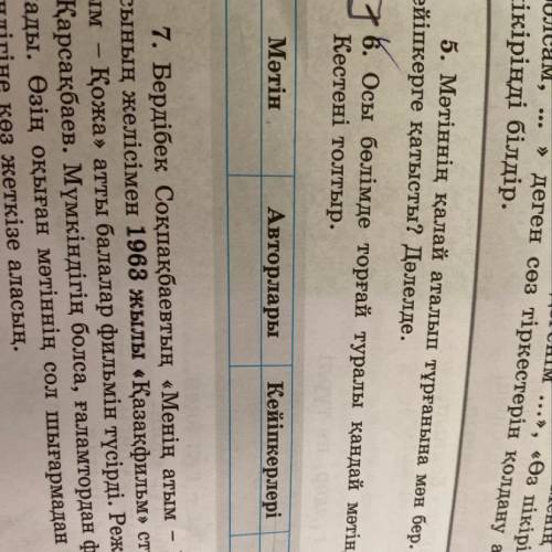 6. Осы бөлімде торғай туралы қандай мәтіндер оқыдың? Кестені толтыр. Мәтін Авторлары Кейіпкерлері Не