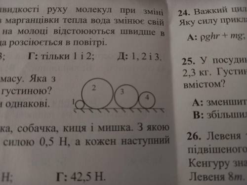 Усі кульки суцільні і мають однакову масу. Яка з цих куль зроблена з речовини з найбільшою густиною?