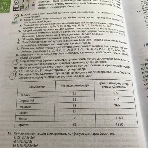 11. Кестеде 4-период элементтерінің бірінші иондану энергияларының мәні берілген. Селеннің иондану э